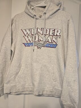Marvel Wonder Woman Hoodie Sweatshirt - Light Gray with Red & Blue Accents